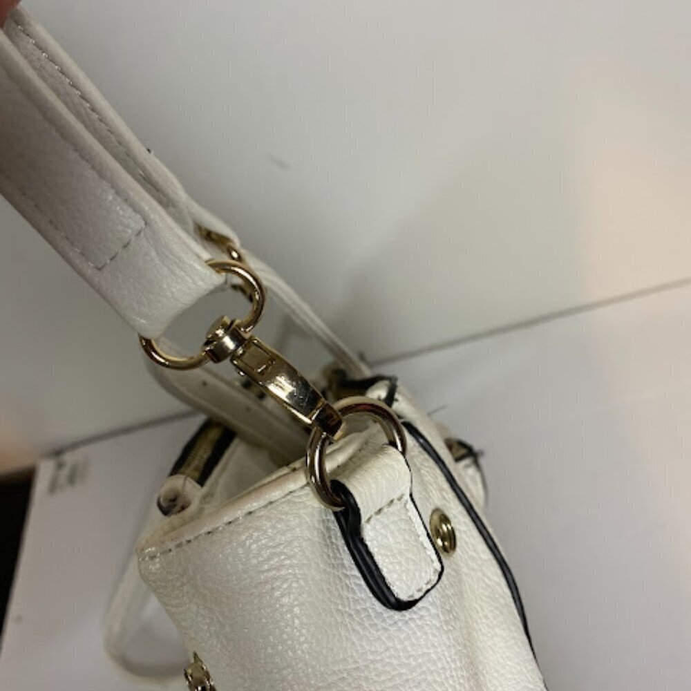 Two-Tone Women's White Black Leather Satchel Tote Bag Large - Picture 11 of 11